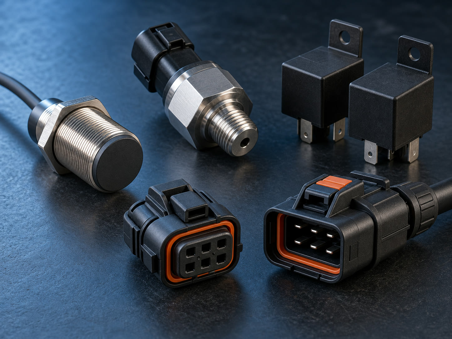 Industrial pressure sensors, relays and sealed electrical connectors