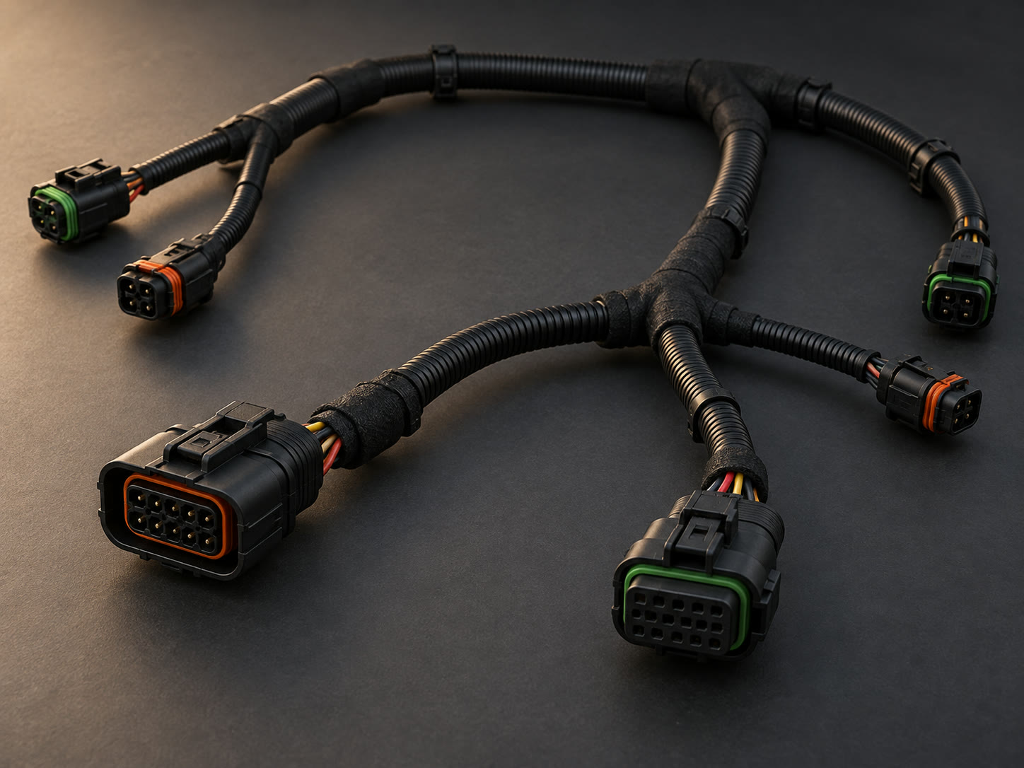 Branched heavy-equipment wiring harness with corrugated sleeves and sealed connectors