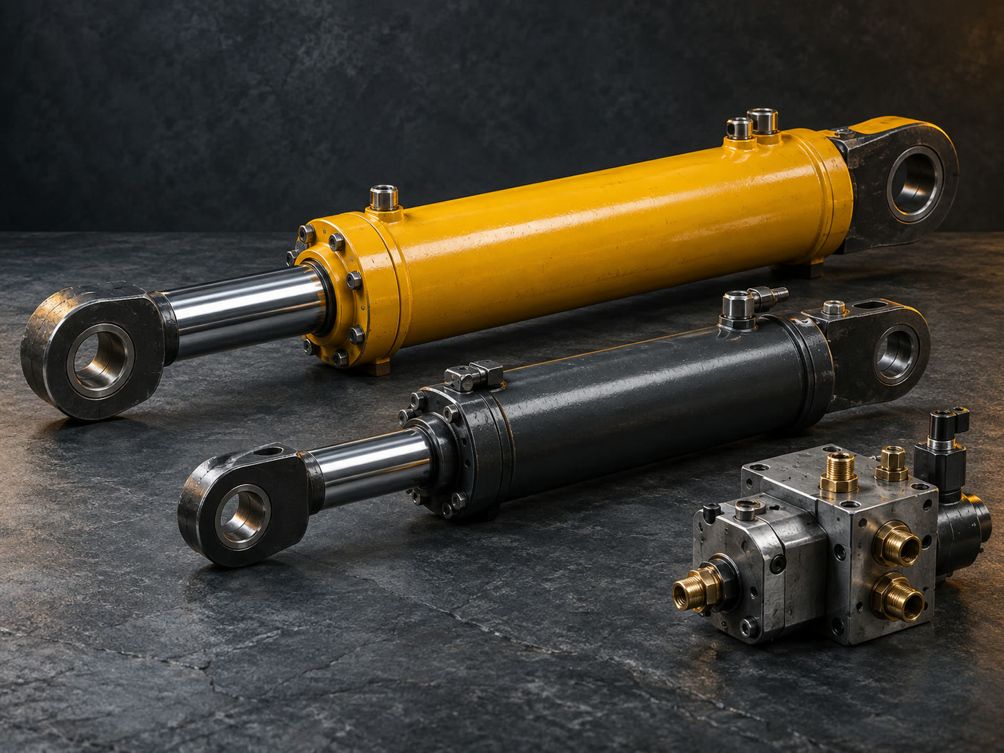 Heavy-duty hydraulic cylinders with polished chrome rods and a pump