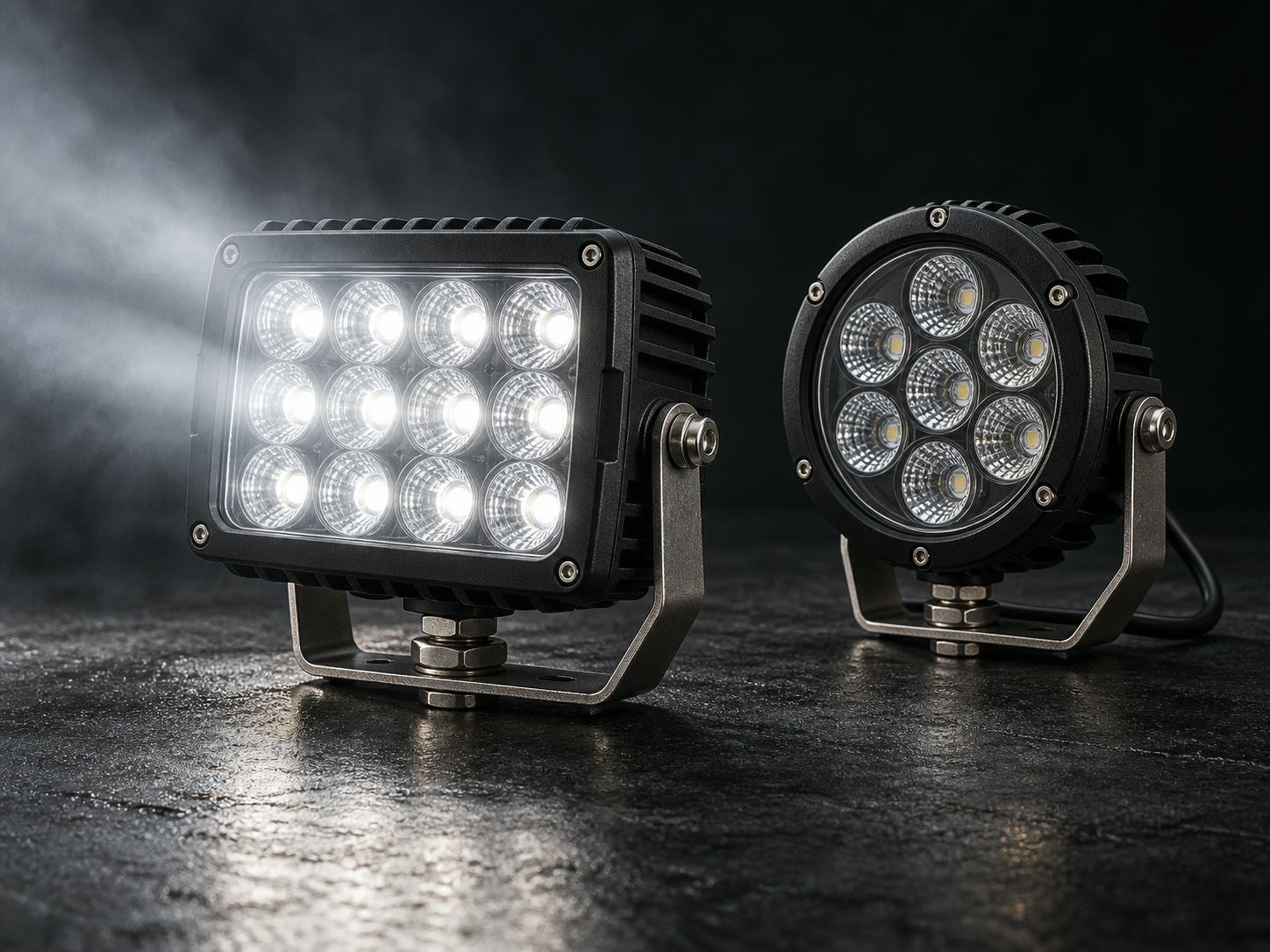 Rectangular and round LED work lights with metal mounting brackets