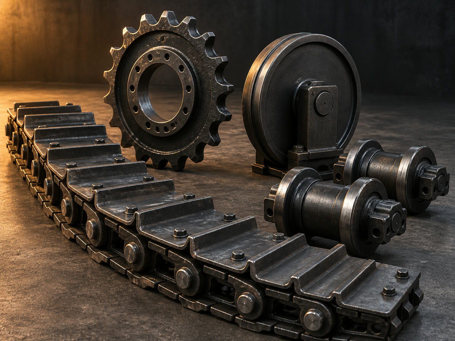 Steel track shoes, sprocket and undercarriage rollers in an industrial studio