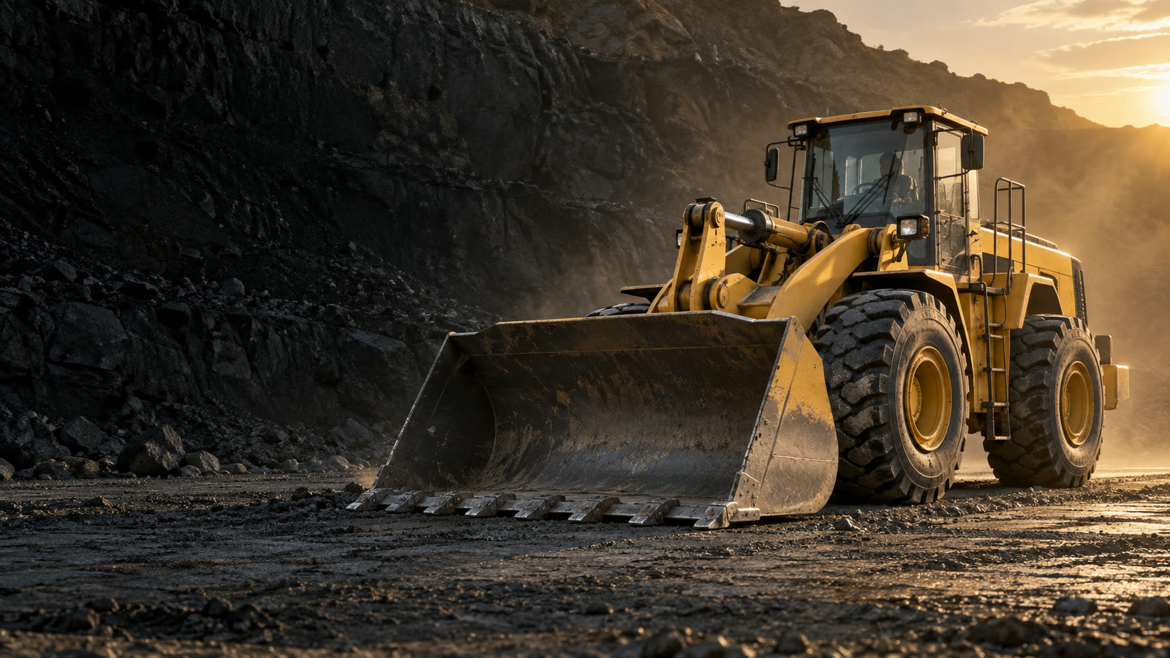 Wheel loader in a quarry at sunset